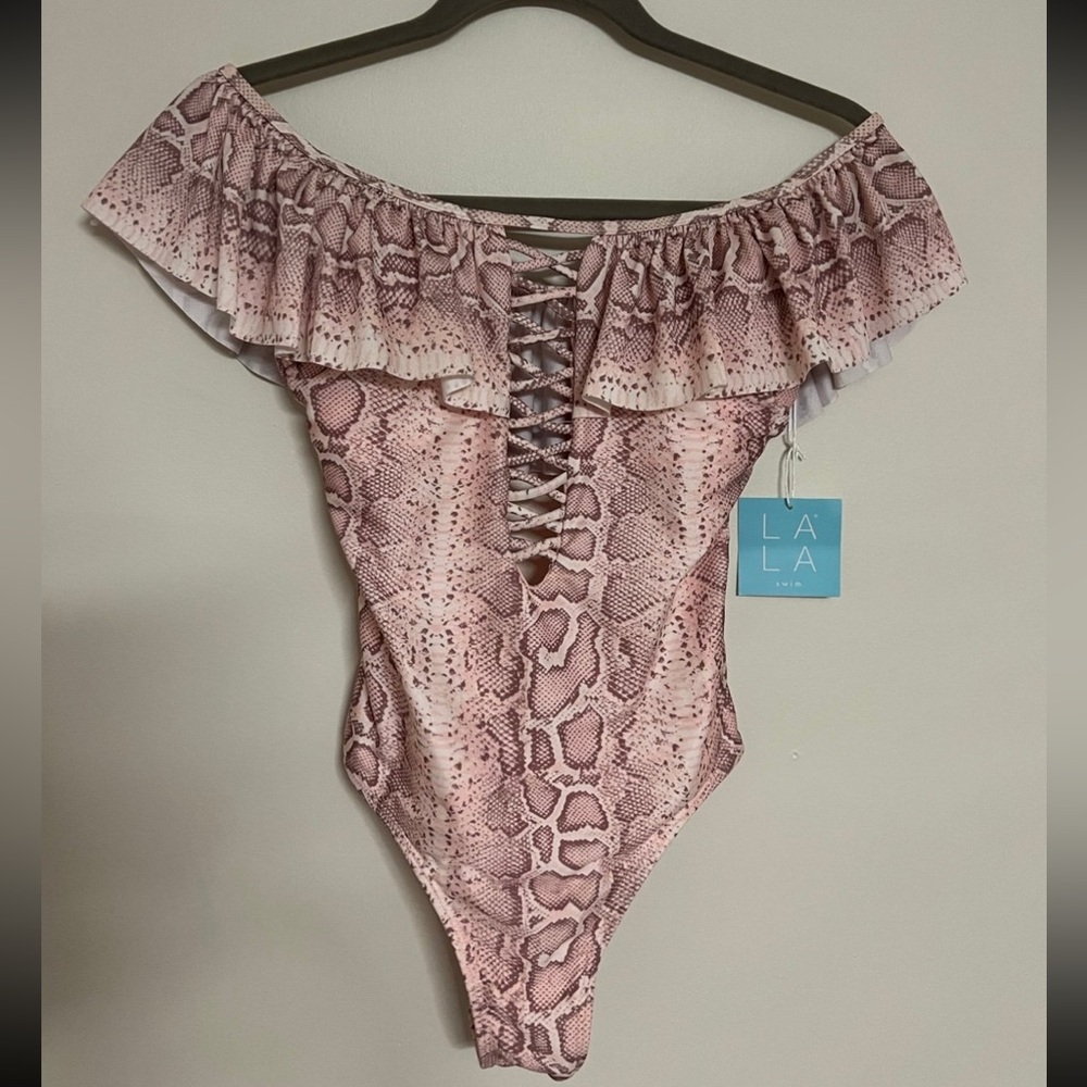 NWT, LA LA Swim, One-Piece, Off Shoulder, Snakeskin Swimsuit | Women’s Medium